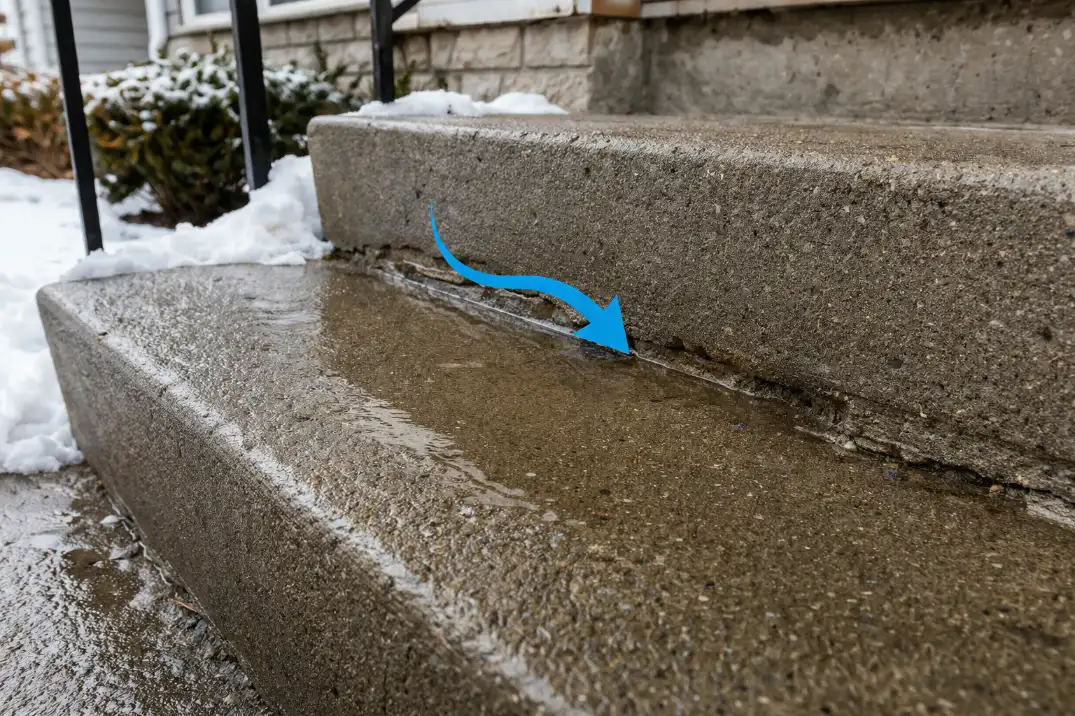 Outdoor step showing water flowing into a crack instead of draining off the edge.