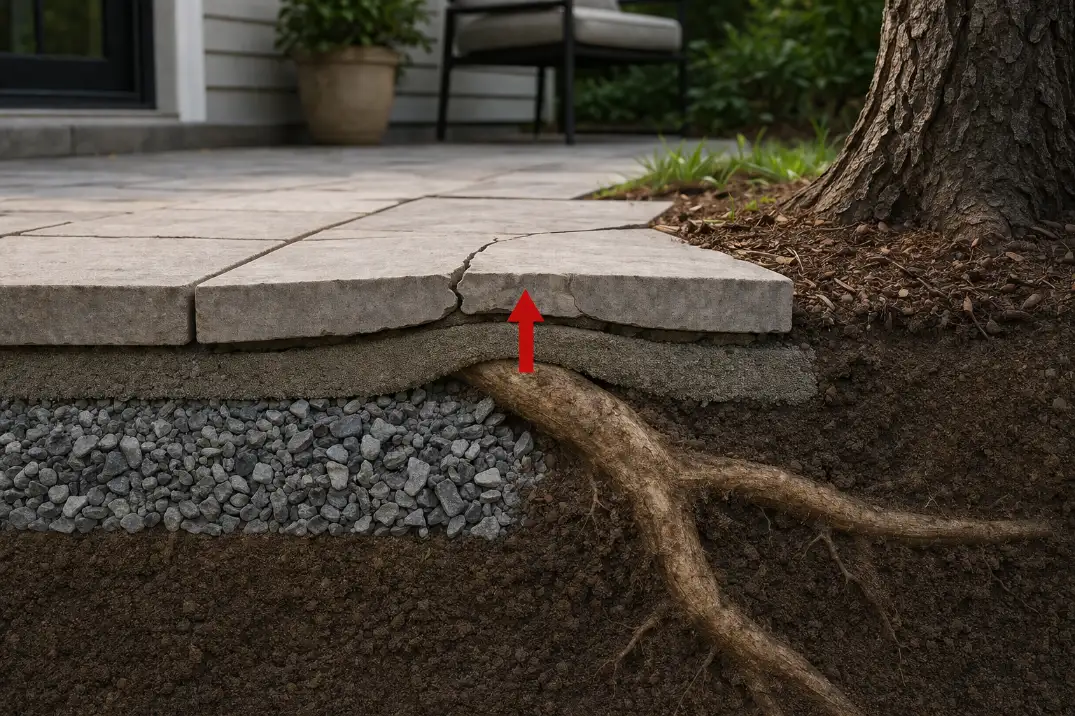Cutaway showing a shallow tree root pushing upward through the bedding layer beneath cracked patio tiles.