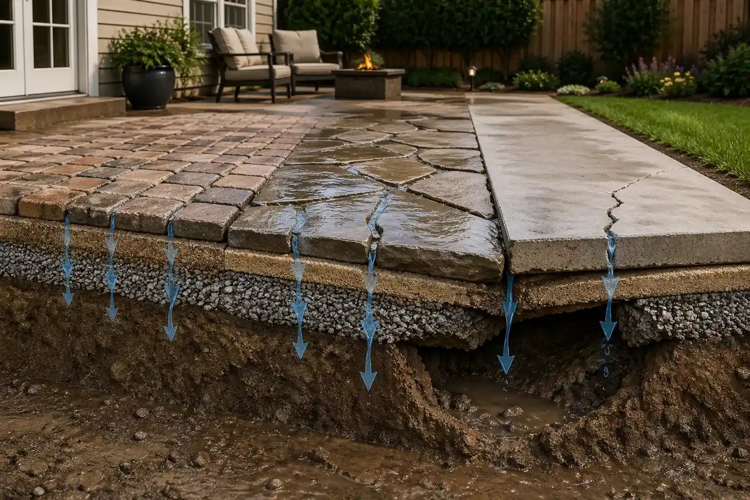 3D cutaway of outdoor surface materials showing water intrusion, weak base support, and settled subgrade causing early failure