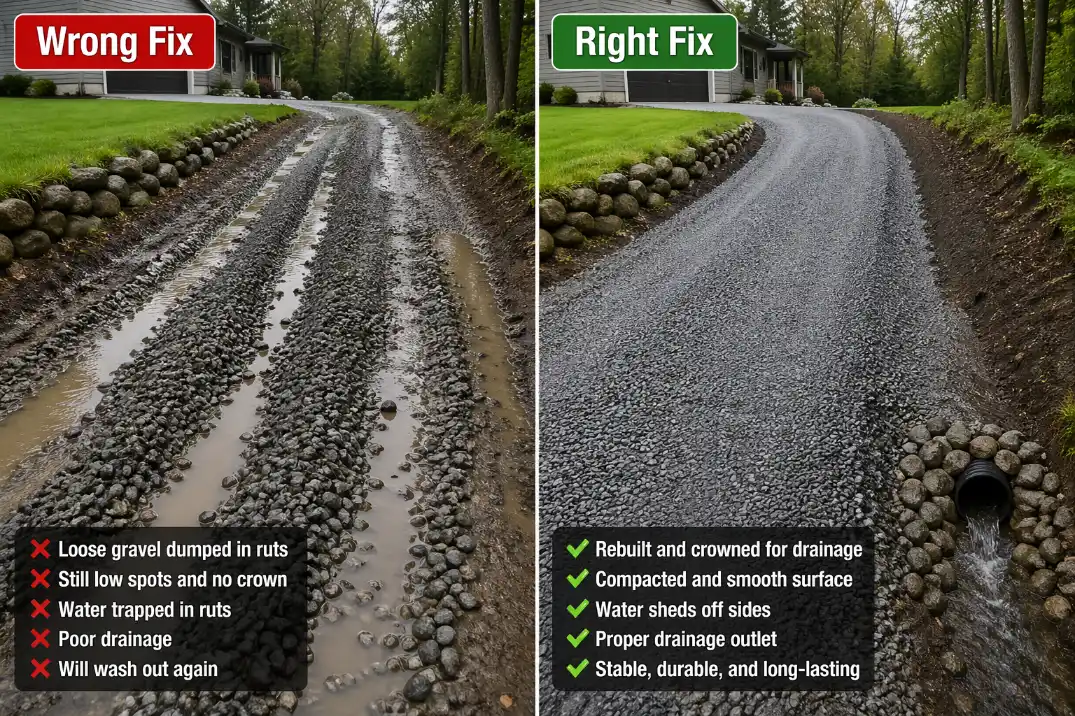 Comparison showing an incorrect gravel rut repair versus a proper rebuilt driveway section with restored crown and drainage