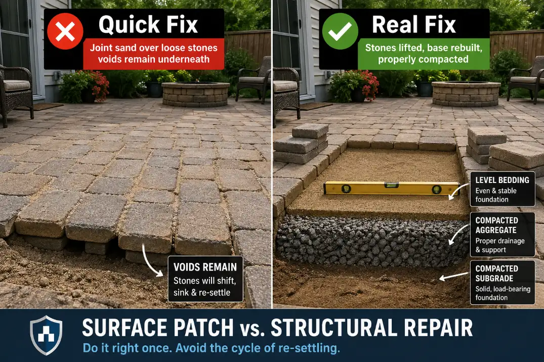 Comparison visual showing a quick joint sand patch versus a proper base repair for loose patio stones.