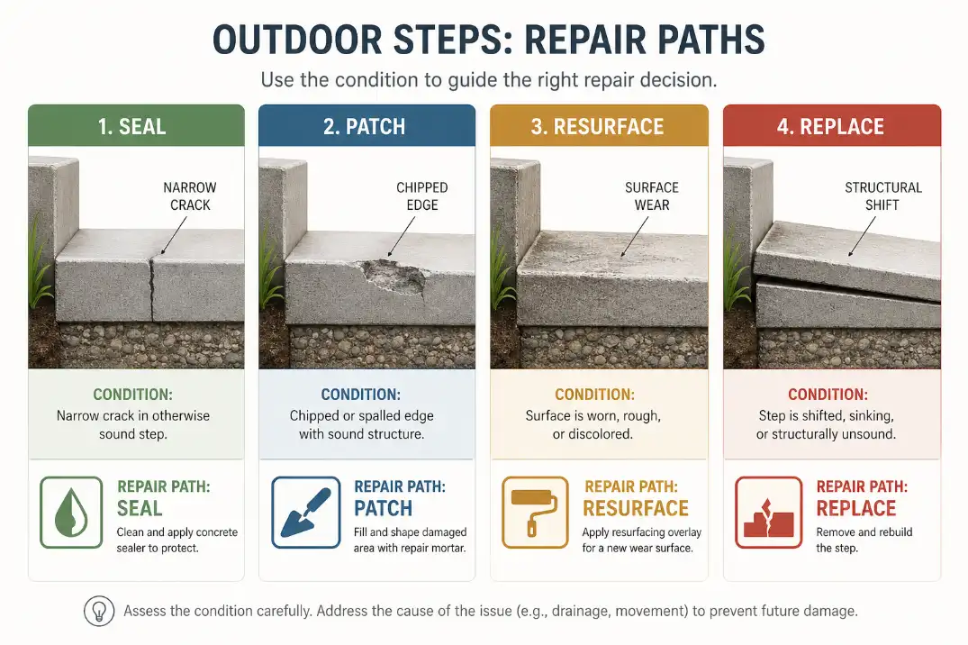 Diagram showing when to seal, patch, resurface, or replace outdoor concrete steps based on damage type.