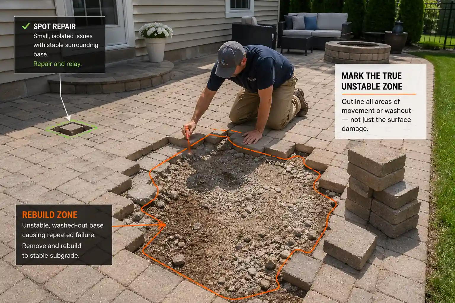 Patio repair area with overlay marking the unstable section where broader reconstruction is more appropriate than a simple patch