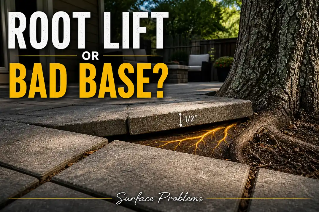Tree roots lifting patio pavers due to root pressure or poor base installation.