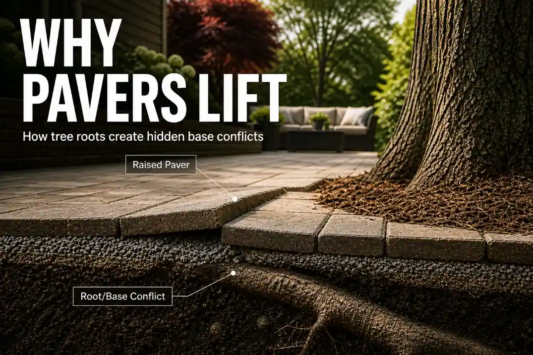 Lifted walkway pavers near a tree with an overlay showing root and base conflict below the raised edge