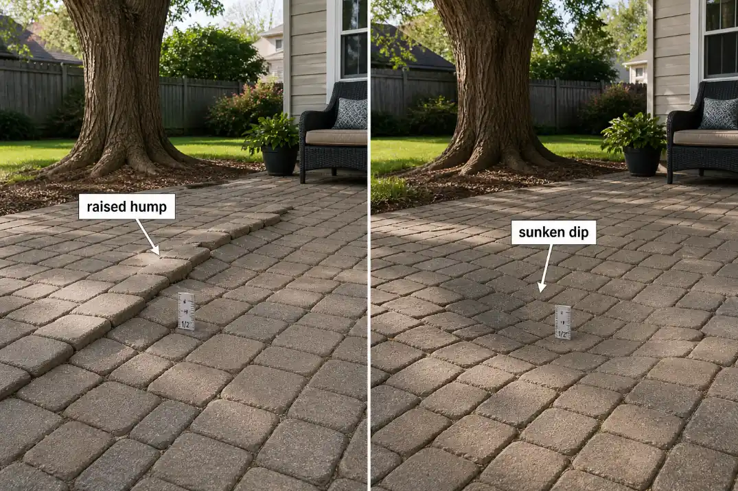 Comparison of patio pavers lifted into a raised hump by tree roots versus pavers sinking into a dip from base settlement.