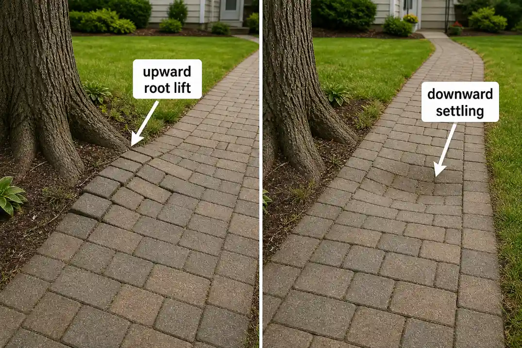 Comparison of pavers lifted upward by tree roots versus pavers sinking from ground settlement