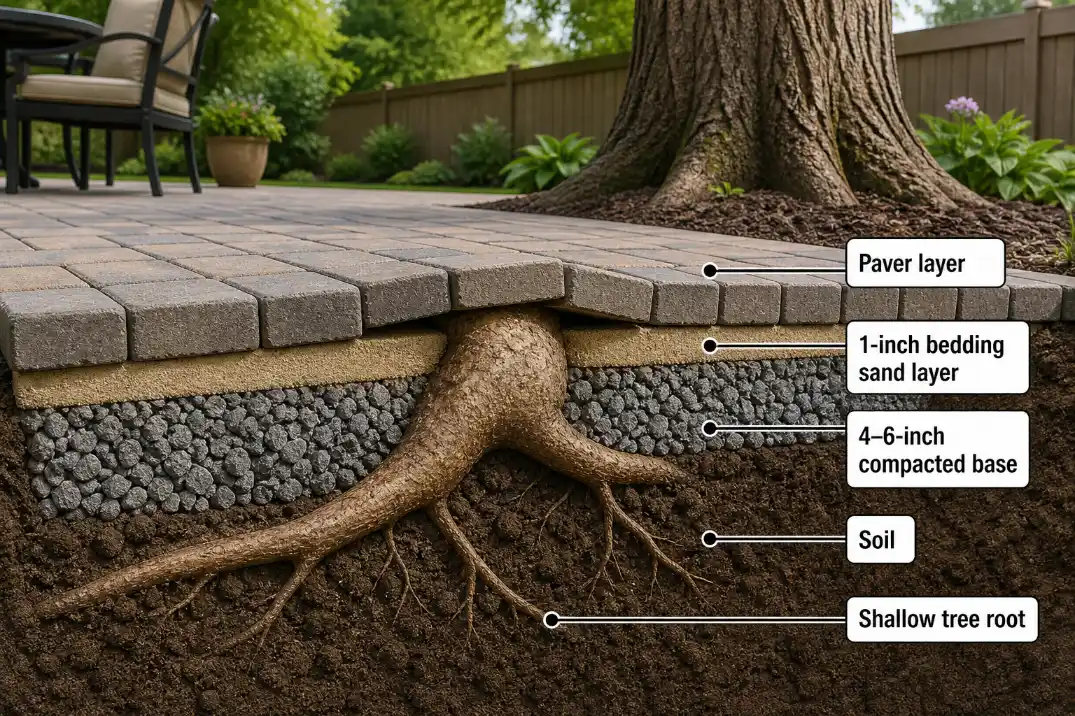 3D cutaway showing a shallow tree root pushing up the bedding layer beneath patio pavers.