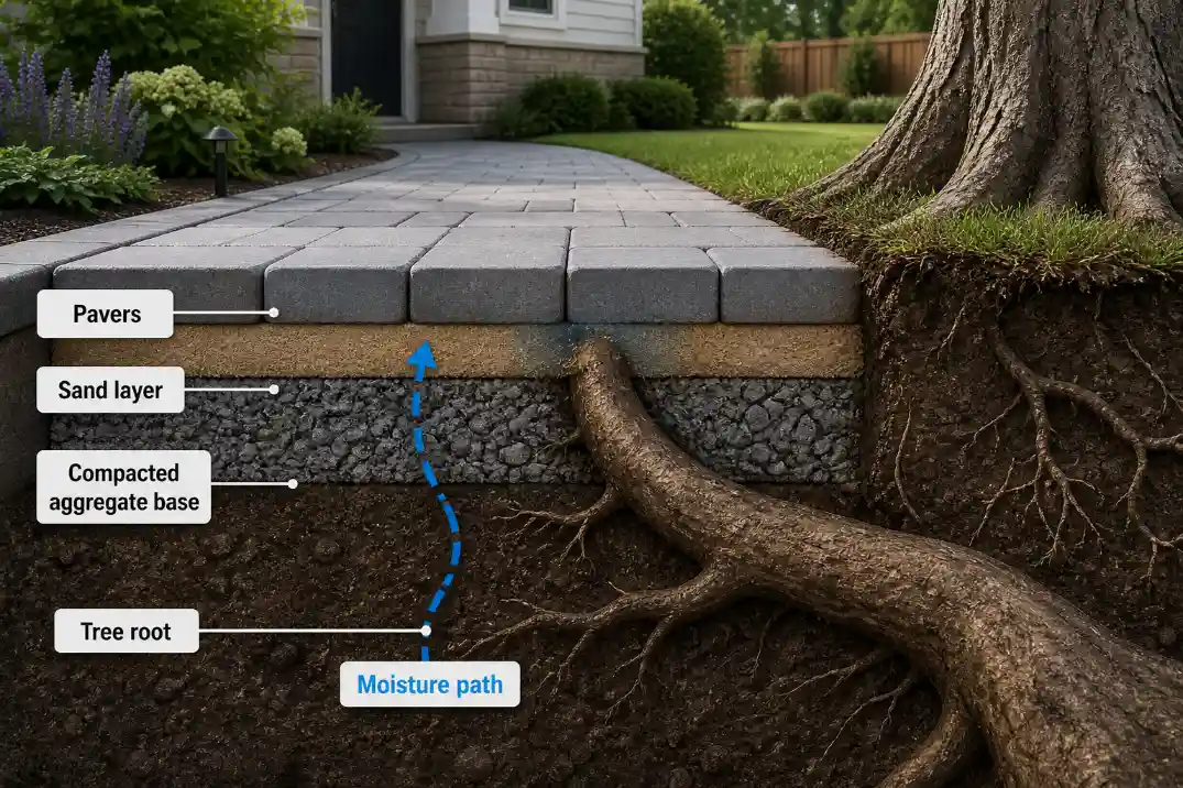3D cutaway showing a tree root and moisture path under a shallow paver base lifting the walkway surface